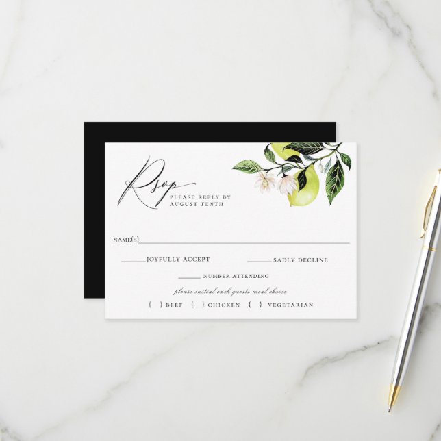 Botanische Lemons Hochzeit RSVP Mahlzeit Karte (Vorderseite/Rückseite Beispiel)