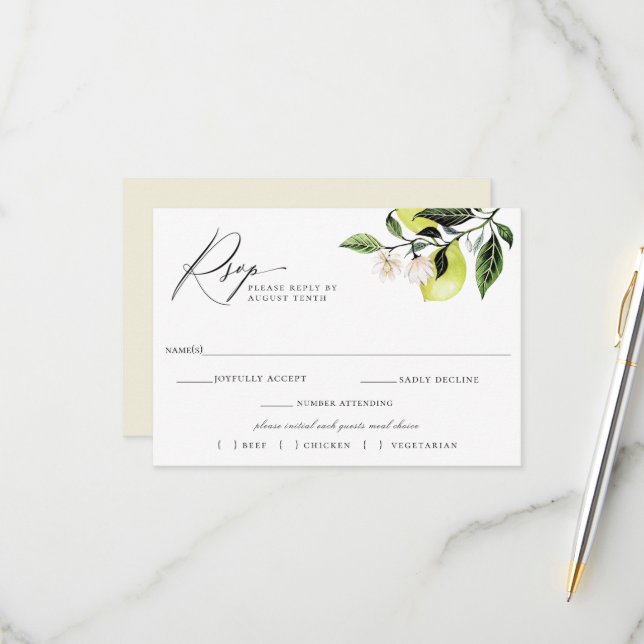 Botanische Lemons Hochzeit RSVP Mahlzeit Karte (Vorderseite/Rückseite Beispiel)