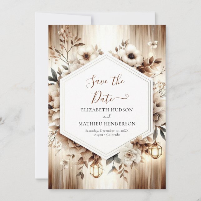 Botanische Lichter Rustikale Hochzeit Save The Date (Vorderseite)