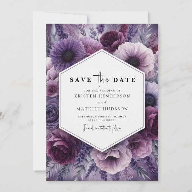 Botanische Lila Blumenhochzeit Save The Date (Vorderseite)