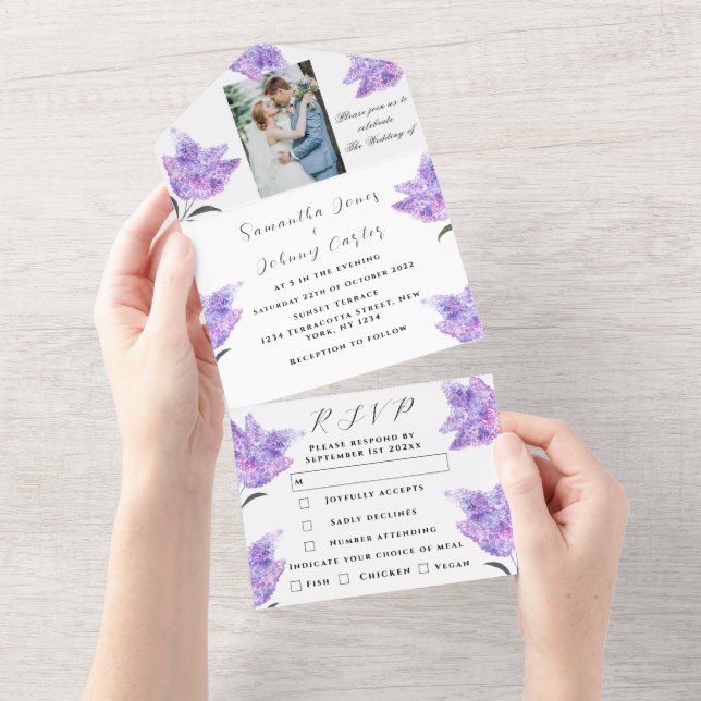 Botanische Lila Lila Blumenhochzeit All In One Einladung (Abreißen)