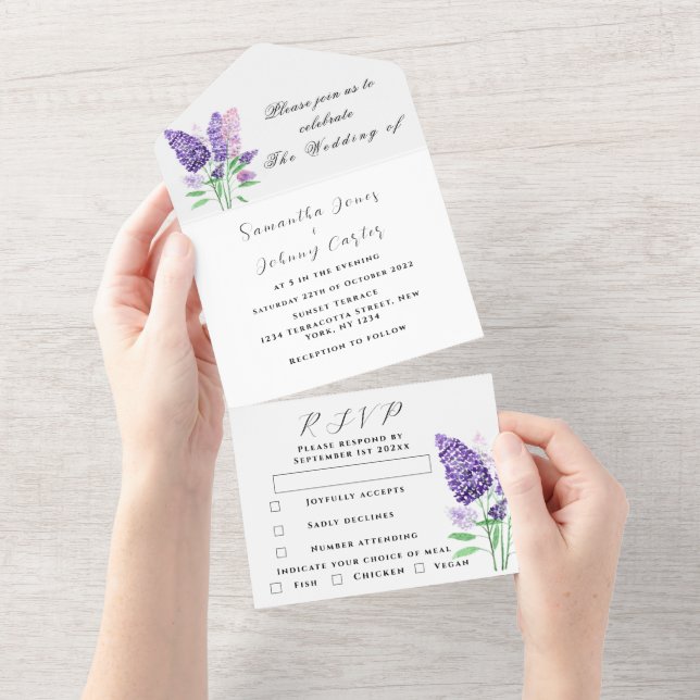 Botanische Lila Lila Blumenhochzeit All In One Einladung (Abreißen)