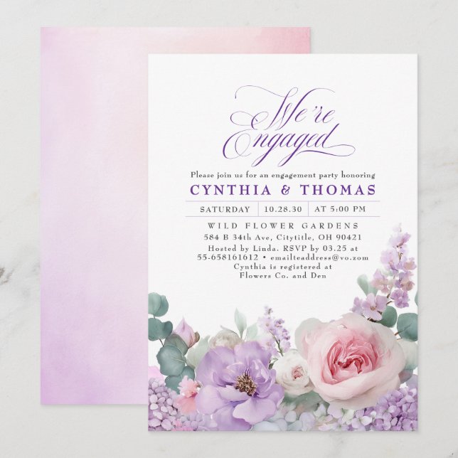 Botanische Lila-rosa-florale Boho-Engagement-Parte Einladung (Vorne/Hinten)