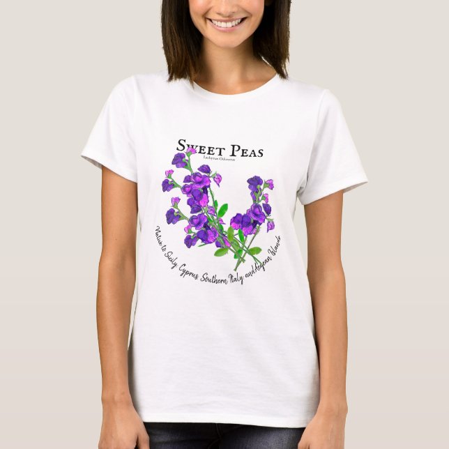 Botanische lila Süße Erbsen Text T-Shirt (Vorderseite)