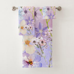Botanische lila Wildblume und Hummel Badhandtuch Set