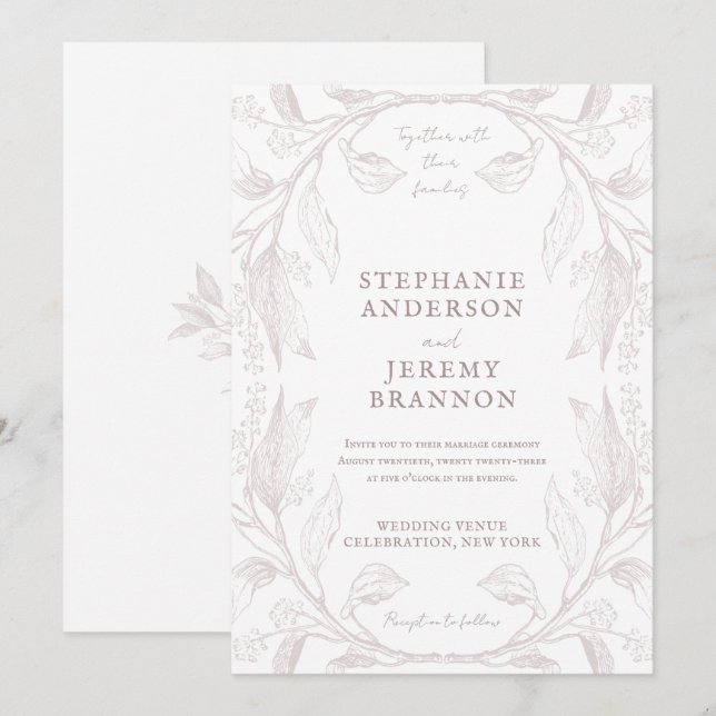 Botanische Linie Art Frame Dusty Rose Einladung (Vorne/Hinten)