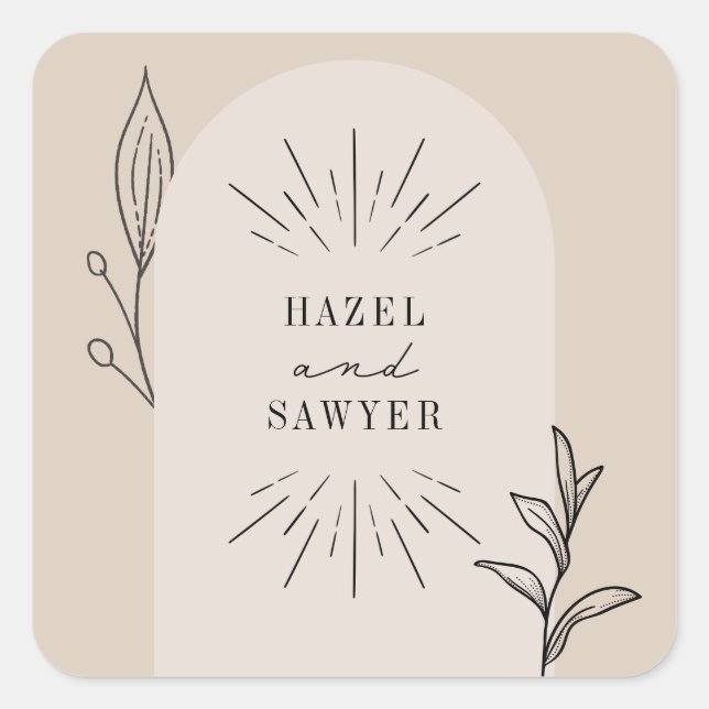 Botanische Linie Art Script Tan Wedding Quadratischer Aufkleber (Vorderseite)