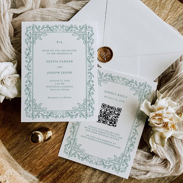 Botanische Linienkunst | Salbeigrüner QR-Code-Hoch Einladung (Von Creator hochgeladen)