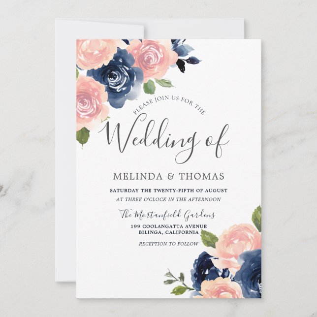 Botanische Marine- und Blush-Blume Hochzeit auf el Einladung (Vorderseite)