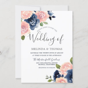 Botanische Marine- und Blush-Blume Hochzeit auf el Einladung