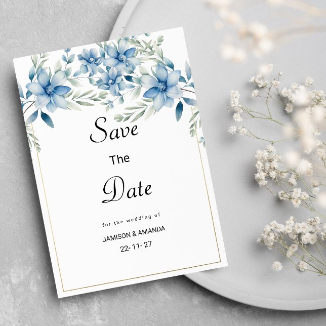 Botanische Marineblau Save the Date Einladung (Botanical navy blue mint floral Save The Date)