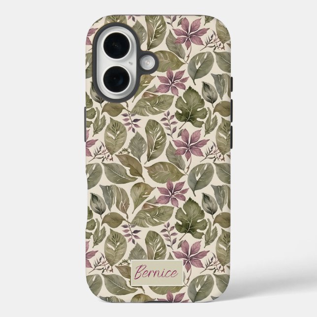 Botanische Mauve & Sage Leafy iPhone 16 Hülle (Rückseite)