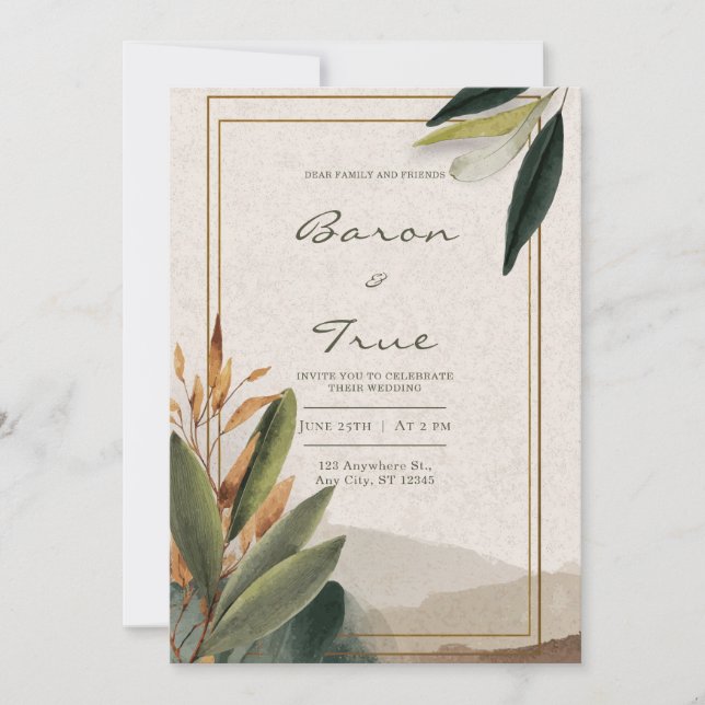 Botanische Minimalistische Hochzeit der Modernen E Einladung (Vorderseite)