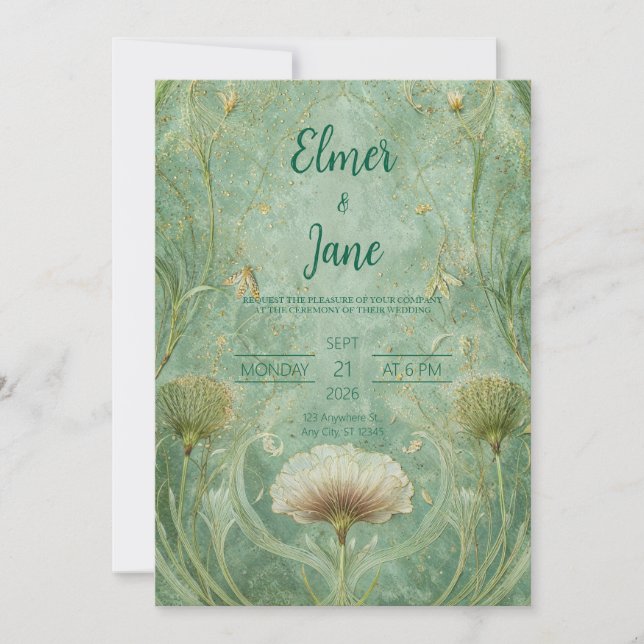 Botanische Minze & Gold Jugendstil-Hochzeit Einladung (Vorderseite)