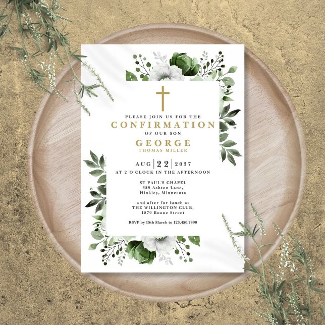 Botanische Moderne Bestätigung von Olive Green Flo Einladung (Olive Green Floral Botanical Modern Confirmation Invitation)
