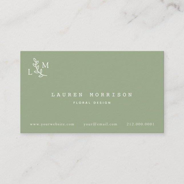 Botanische Monogram Laurel Green Business Card Visitenkarte (Vorderseite)