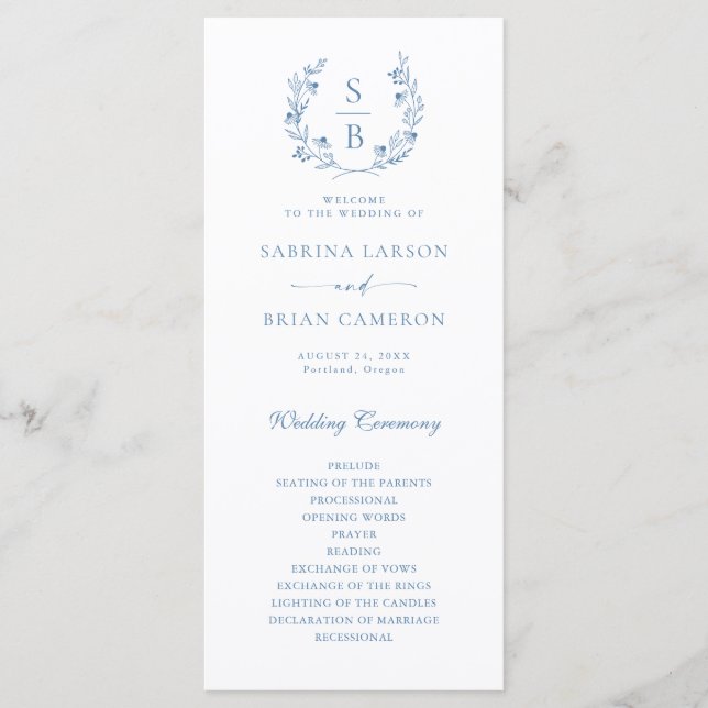 Botanische Monogram Wreath Royal Blue Programmkart Menükarte (Vorderseite)