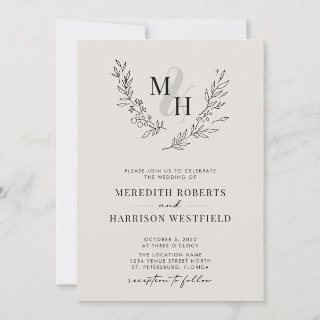 Botanische Monogramm Wreath QR Code Eggshell Weddi Einladung (Vorderseite)