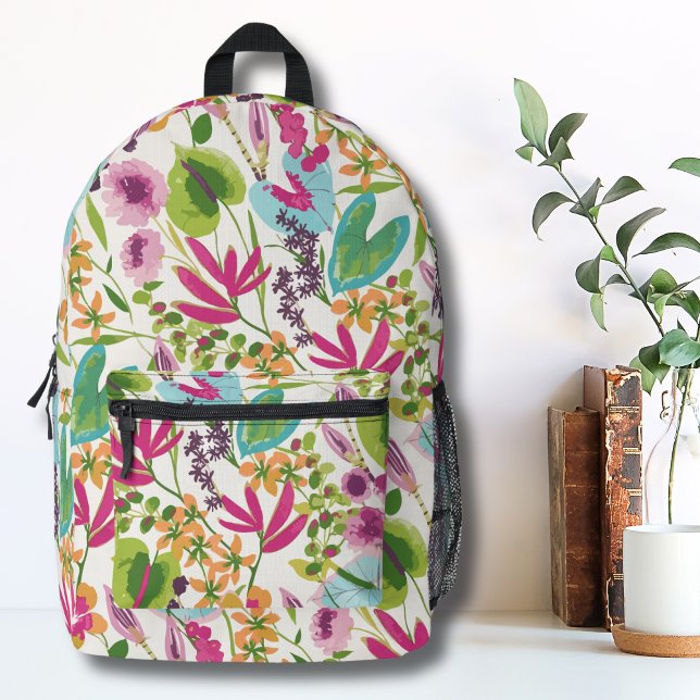 Botanische Mustermädchen Bedruckter Rucksack (Pink Green Modern Vintage Floral Tropical Pattern Printed Backpack)