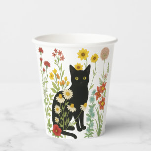 Botanische Natur – Schwarze Katze im Wildblumenga Pappbecher