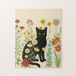 Botanische Natur – Schwarze Katze im Wildblumengar