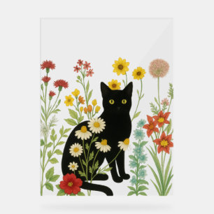 Botanische Natur – Schwarze Katze im Wildblumengar Acrylschild