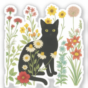 Botanische Natur – Schwarze Katze im Wildblumengar Aufkleber