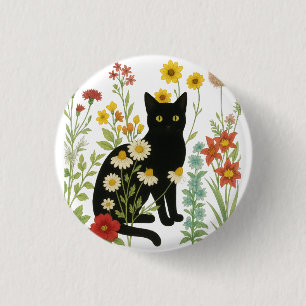 Botanische Natur – Schwarze Katze im Wildblumengar Button