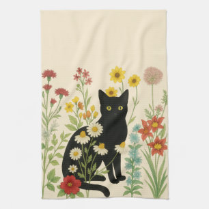 Botanische Natur – Schwarze Katze im Wildblumengar Geschirrtuch