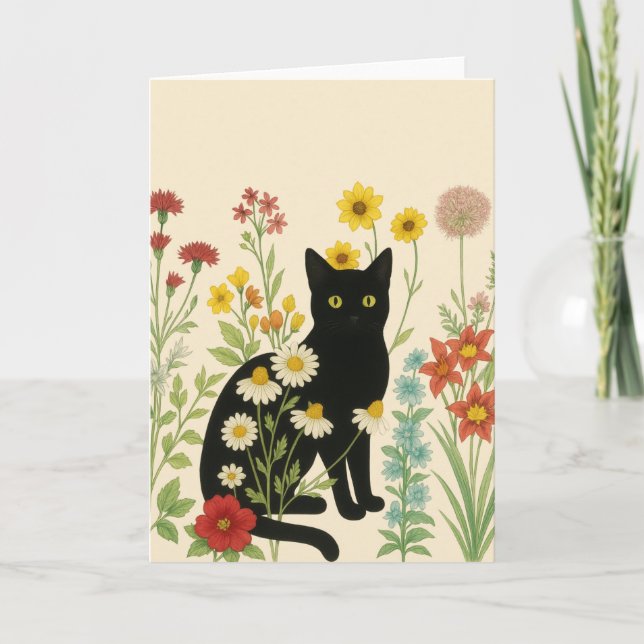 Botanische Natur – Schwarze Katze im Wildblumengar Karte (Vorderseite)