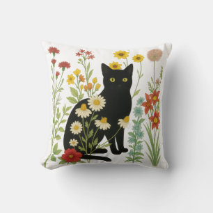 Botanische Natur – Schwarze Katze im Wildblumengar Kissen