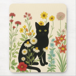 Botanische Natur – Schwarze Katze im Wildblumengar Mousepad