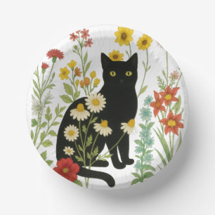 Botanische Natur – Schwarze Katze im Wildblumengar Pappteller