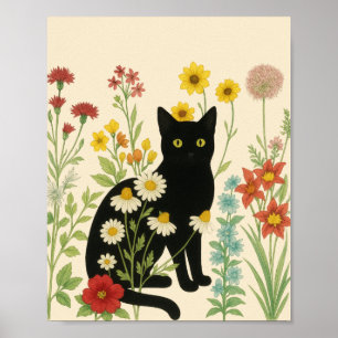 Botanische Natur – Schwarze Katze im Wildblumengar Poster