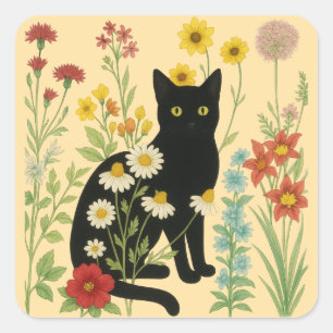 Botanische Natur – Schwarze Katze im Wildblumengar Quadratischer Aufkleber