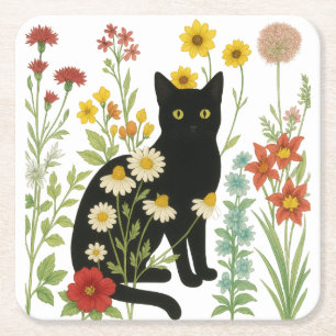 Botanische Natur – Schwarze Katze im Wildblumengar Rechteckiger Pappuntersetzer