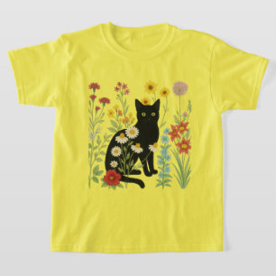 Botanische Natur – Schwarze Katze im Wildblumengar T-Shirt