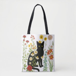 Botanische Natur – Schwarze Katze im Wildblumengar Tasche