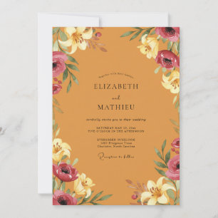 Botanische Ocker-Magenta-Blüten-Hochzeit Einladung