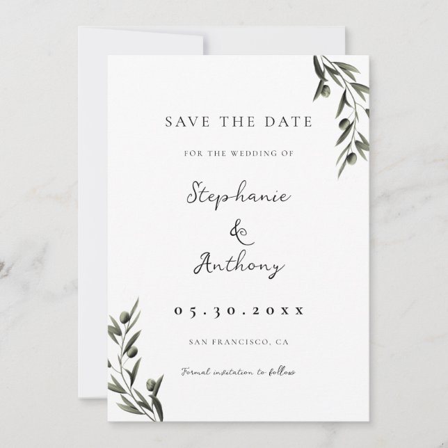 Botanische Olive Branch Blätter Italienische Hochz Save The Date (Vorderseite)
