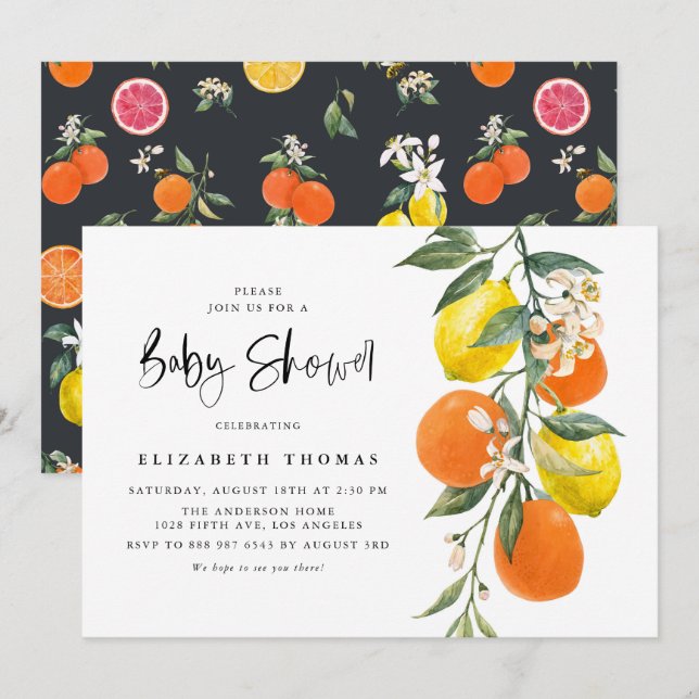 Botanische Orange- und Lemon Garland Babydusche Einladung (Vorne/Hinten)