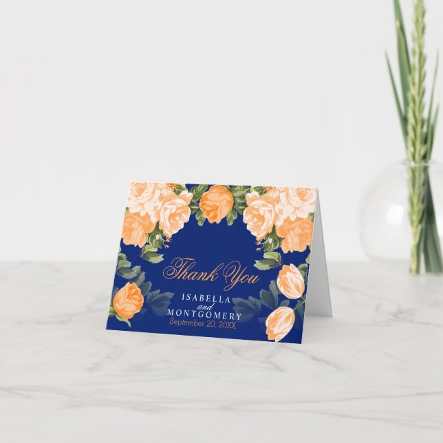 Botanische Orange- und Navy-Blue-Hochzeit Dankeskarte (Vorderseite)