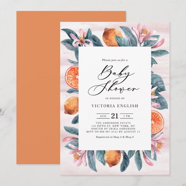 Botanische Orangen und rosa Blüten Babydusche Einladung (Vorne/Hinten)