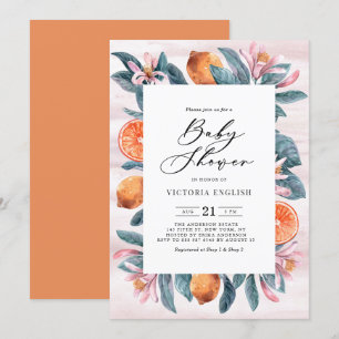 Botanische Orangen und rosa Blüten Babydusche Einladung