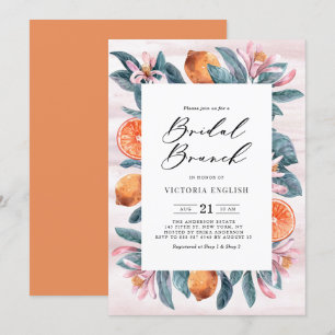 Botanische Orangen und rosa Blüten Bridal Brunch Einladung