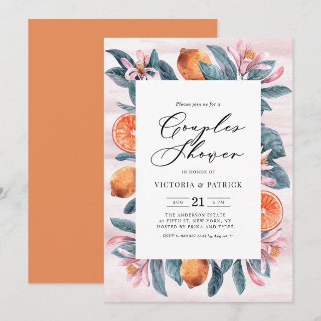 Botanische Orangen und rosa Blüten Paare Dusche Einladung (Vorne/Hinten)