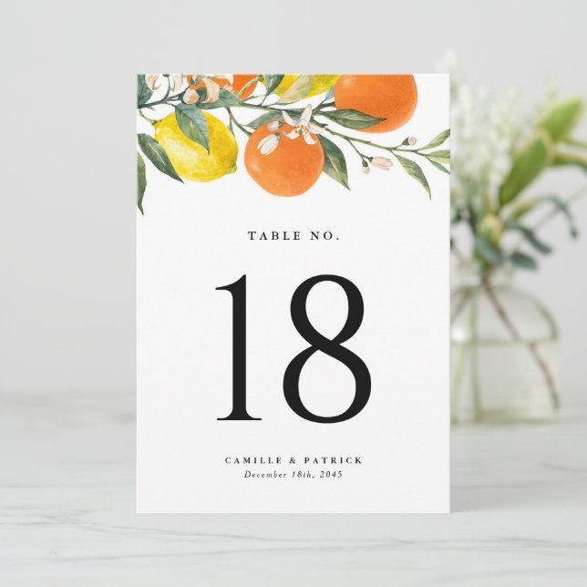 Botanische Orangen- und Zitronenhochzeiten-Tischnu (Stehend Vorderseite)