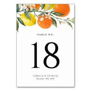 Botanische Oranges and Lemons Sommerhochzeit Tischnummer