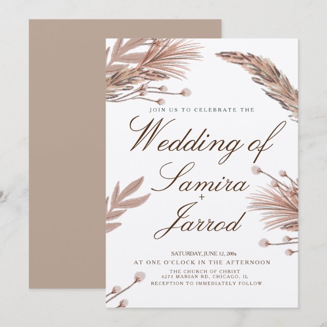 Botanische Pampas Hand Drawn Wedding Kraft Einladung (Vorne/Hinten)