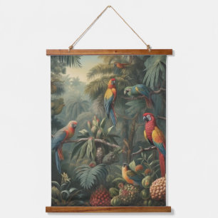 Botanische Papageienlandschaft und Ananas Wandteppich Mit Holzrahmen